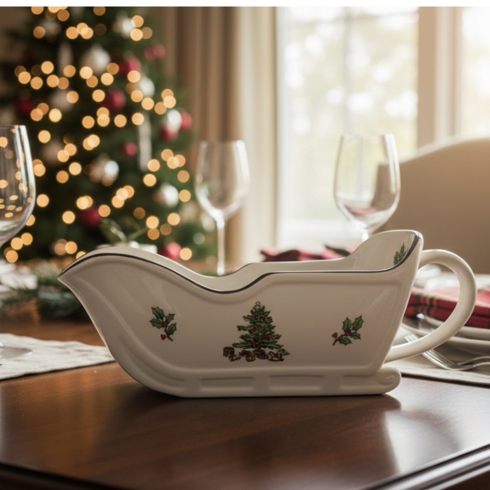 Holiday Hostess Sleigh Gravy Boat w/Christmas Tree &holly design